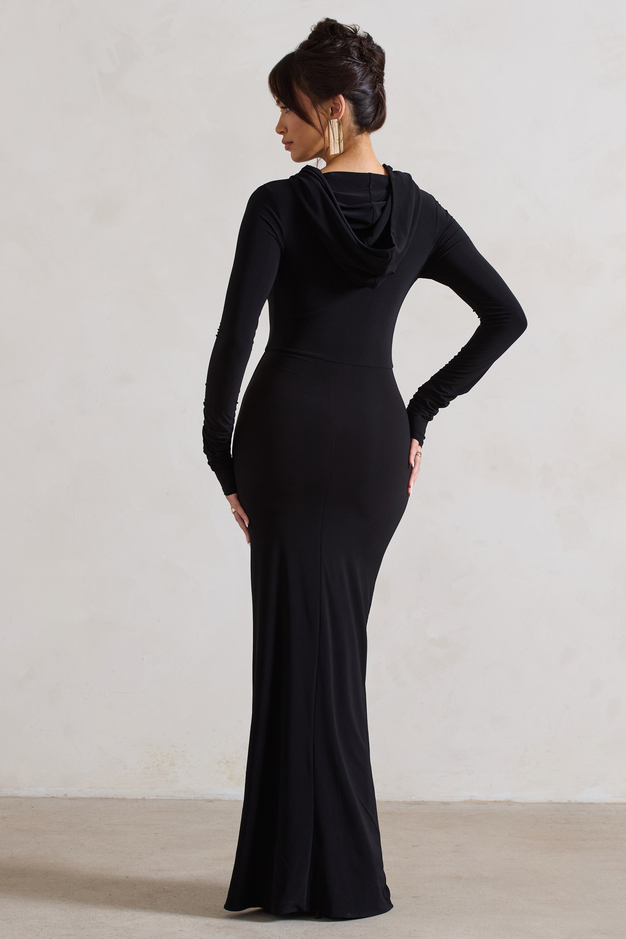 Shira Black Long-Sleeve Hooded Maxi Dress