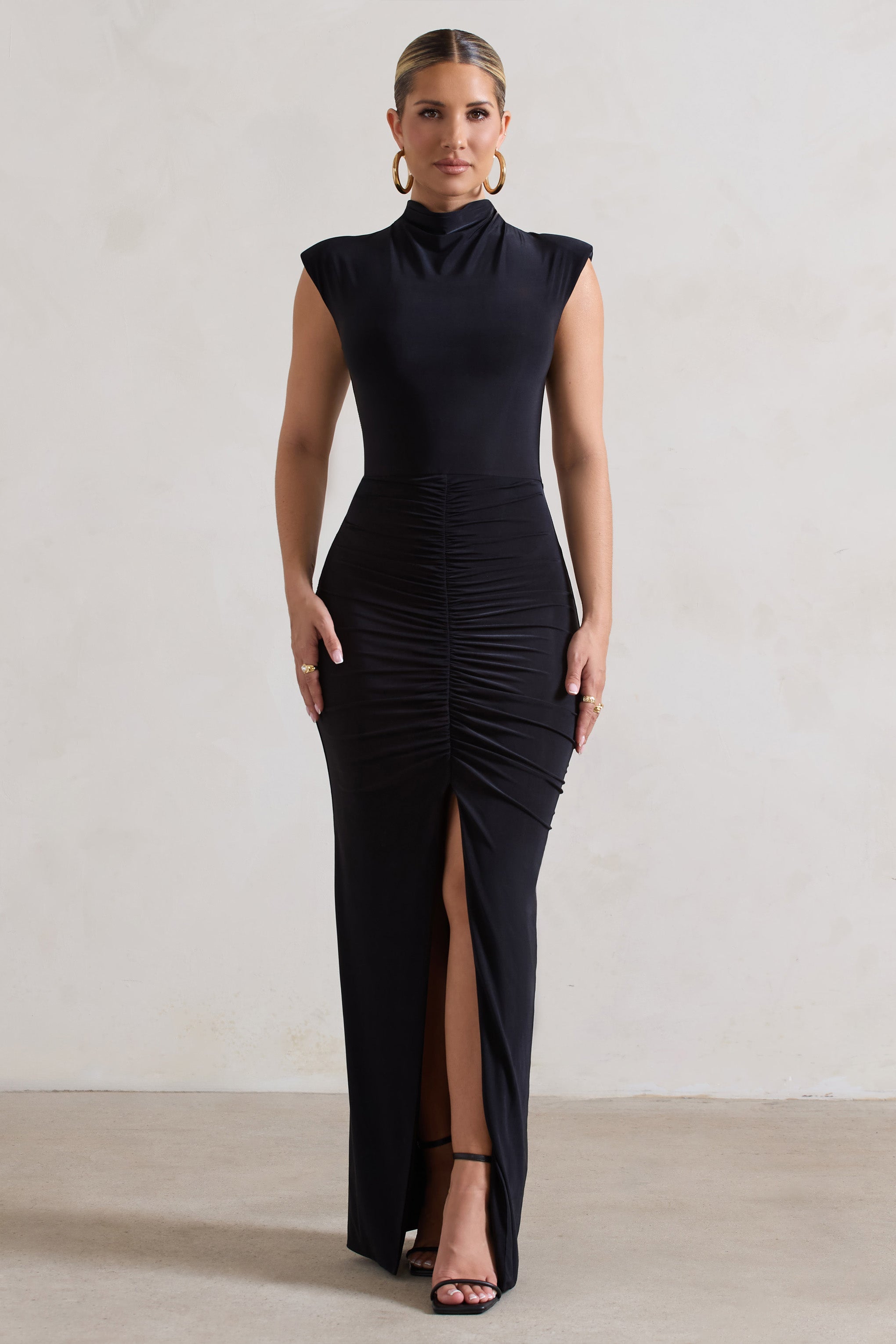 Samira Black Ruched High-Neck Split Maxi Dress