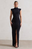 Samira Black Ruched High-Neck Split Maxi Dress
