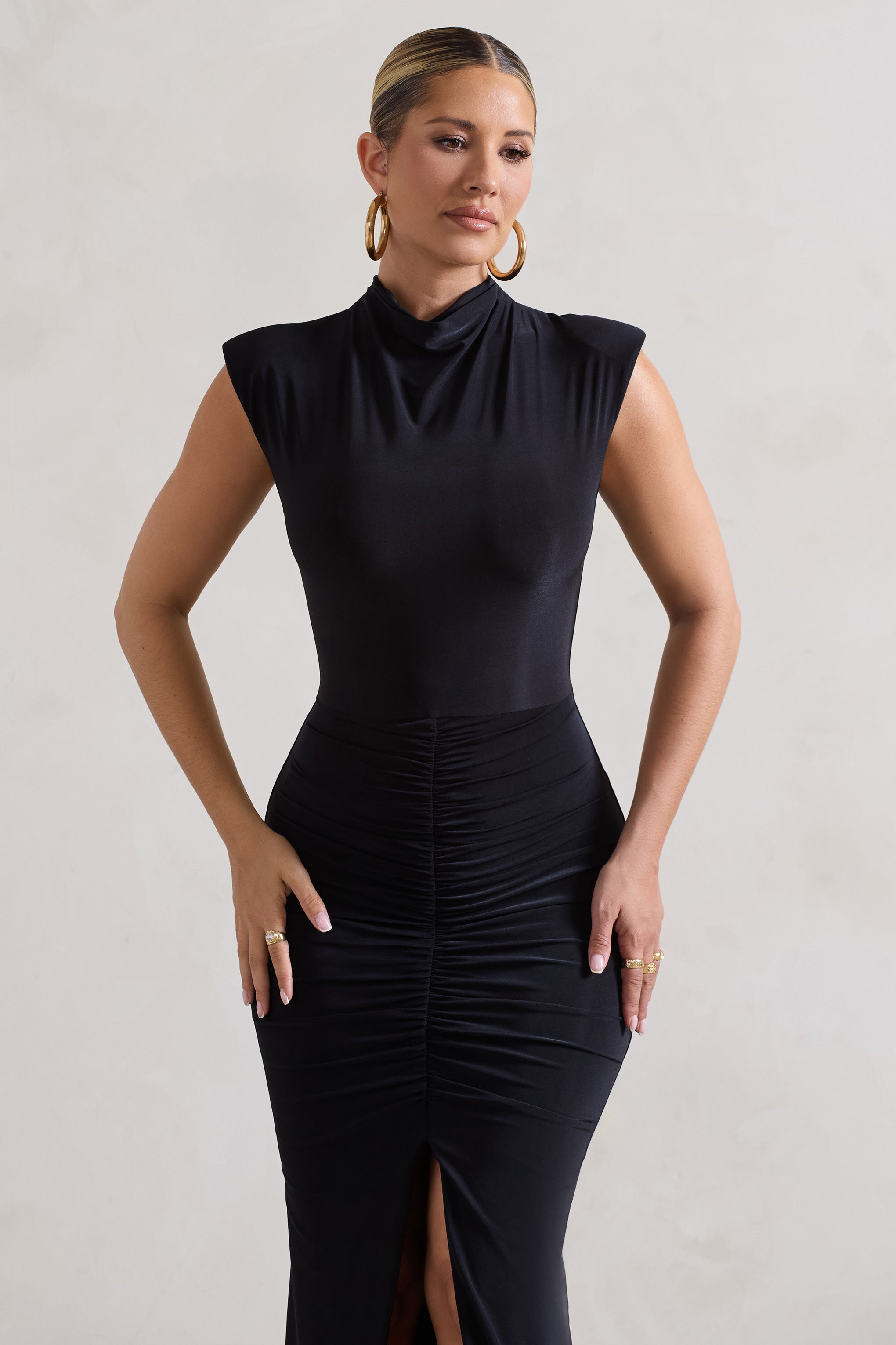 Samira Black Ruched High-Neck Split Maxi Dress
