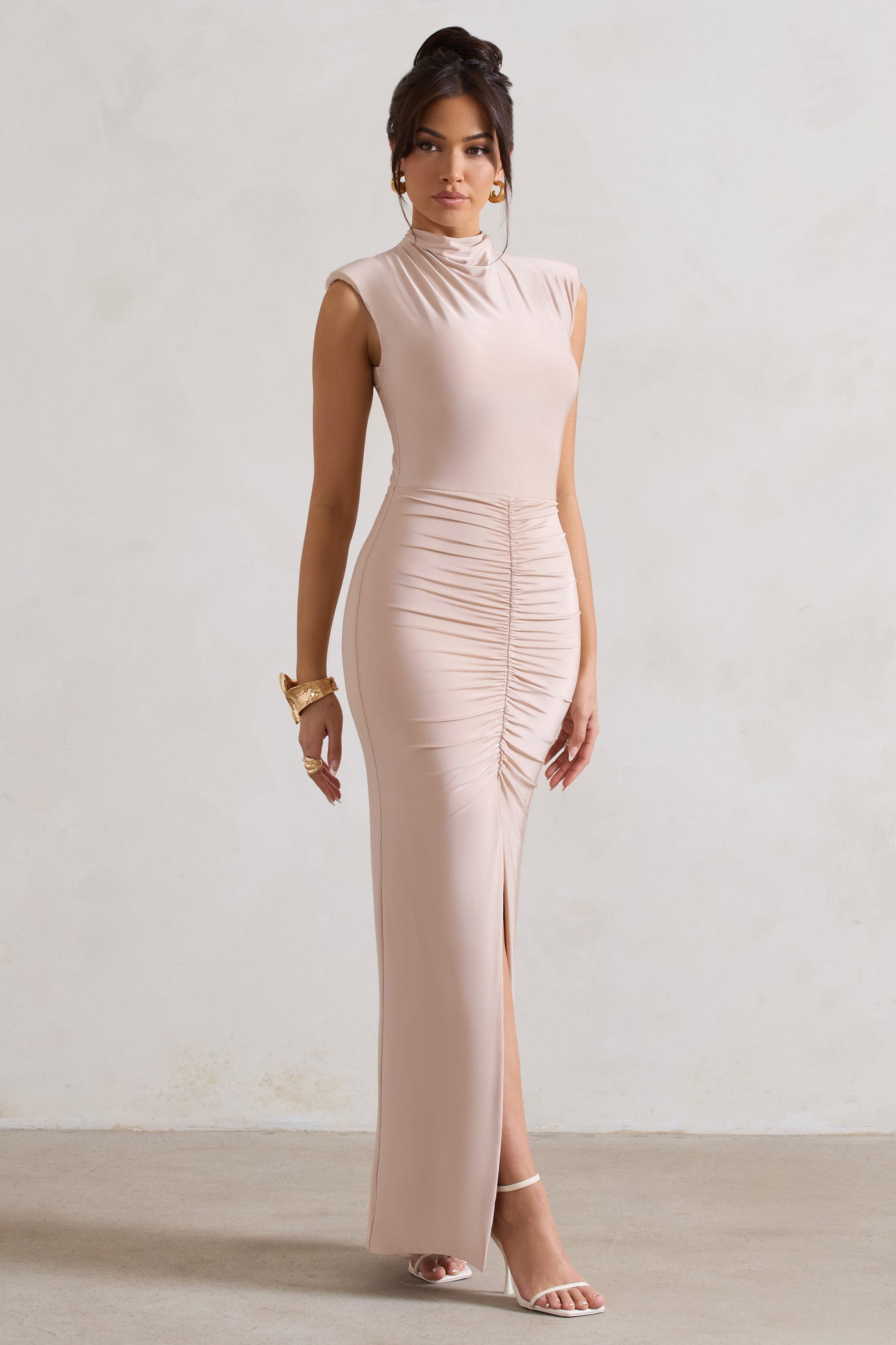 Samira Champagne Ruched High-Neck Split Maxi Dress