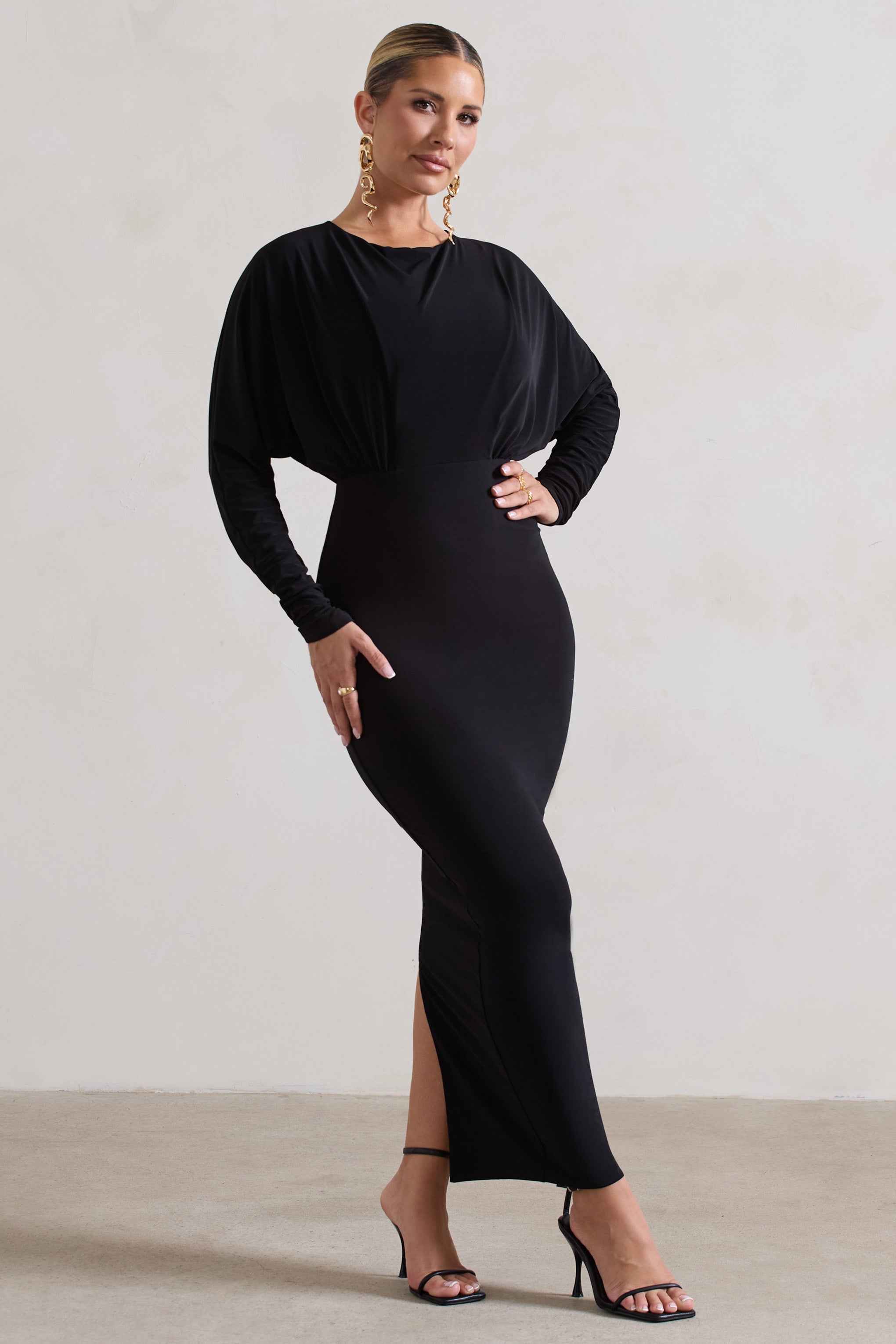All It Takes Black Long-Sleeve Draped Maxi Dress