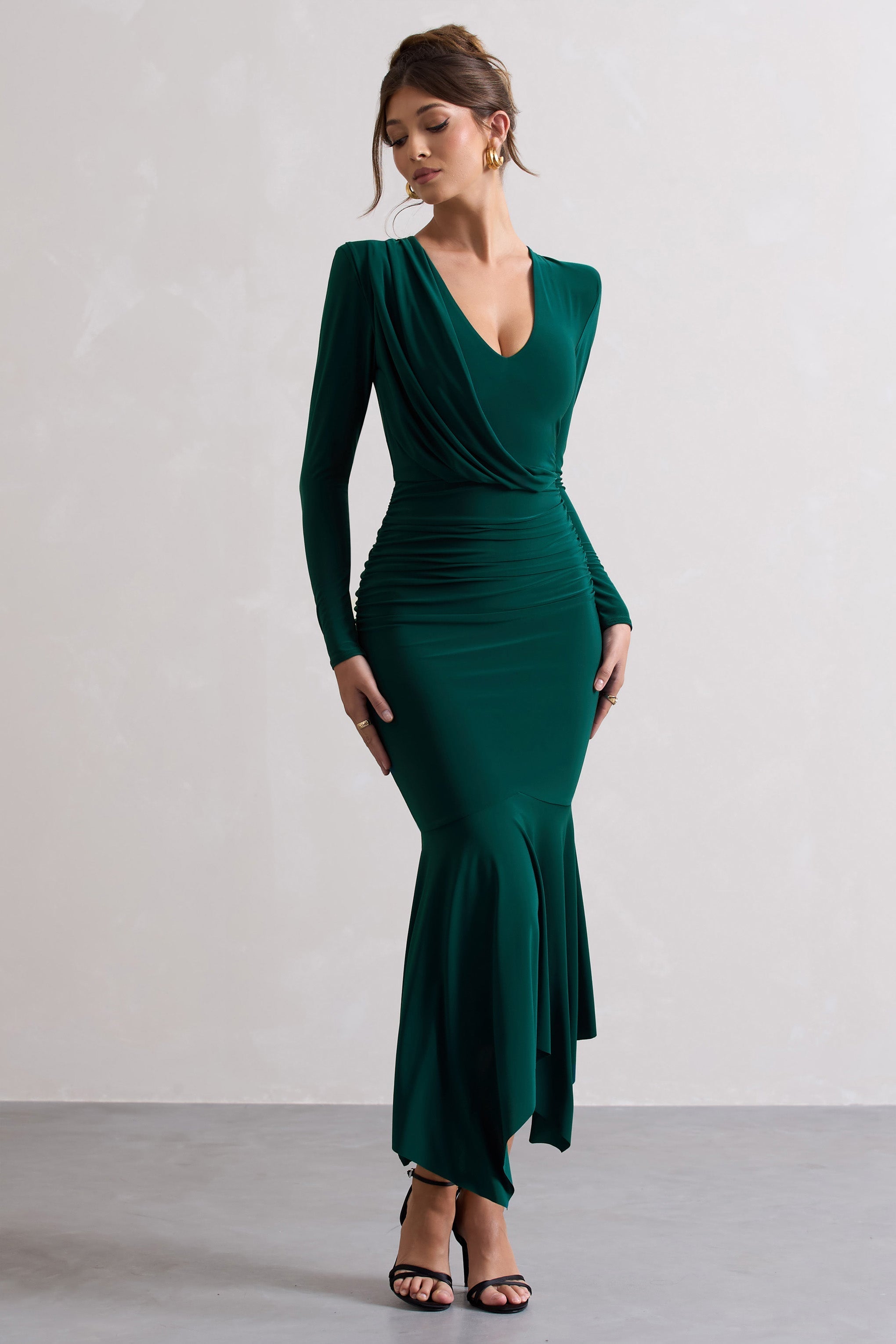 Milena Bottle Green Plunge-Neck Maxi Dress With Draped Hem