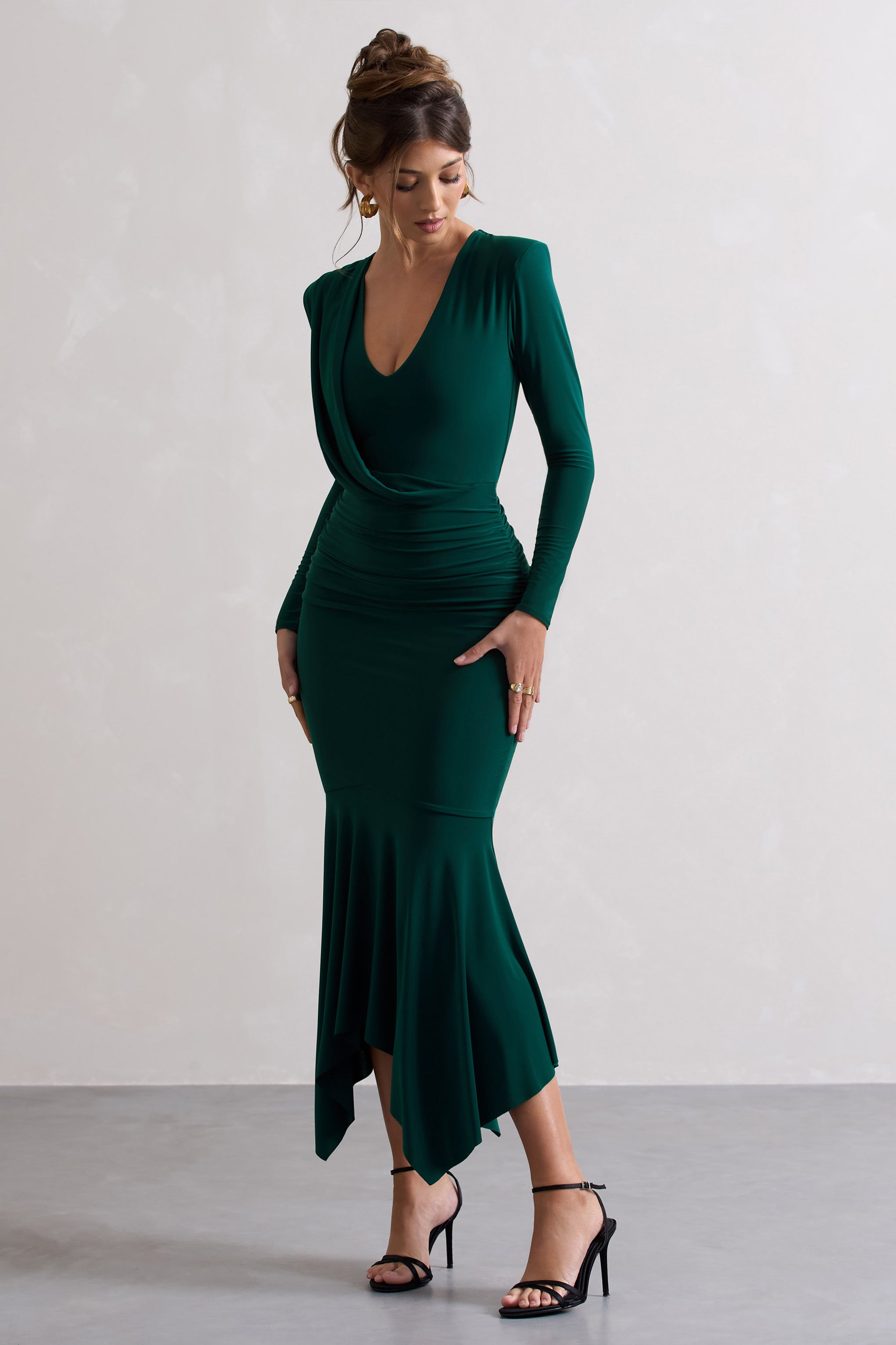 Milena Bottle Green Plunge-Neck Maxi Dress With Draped Hem
