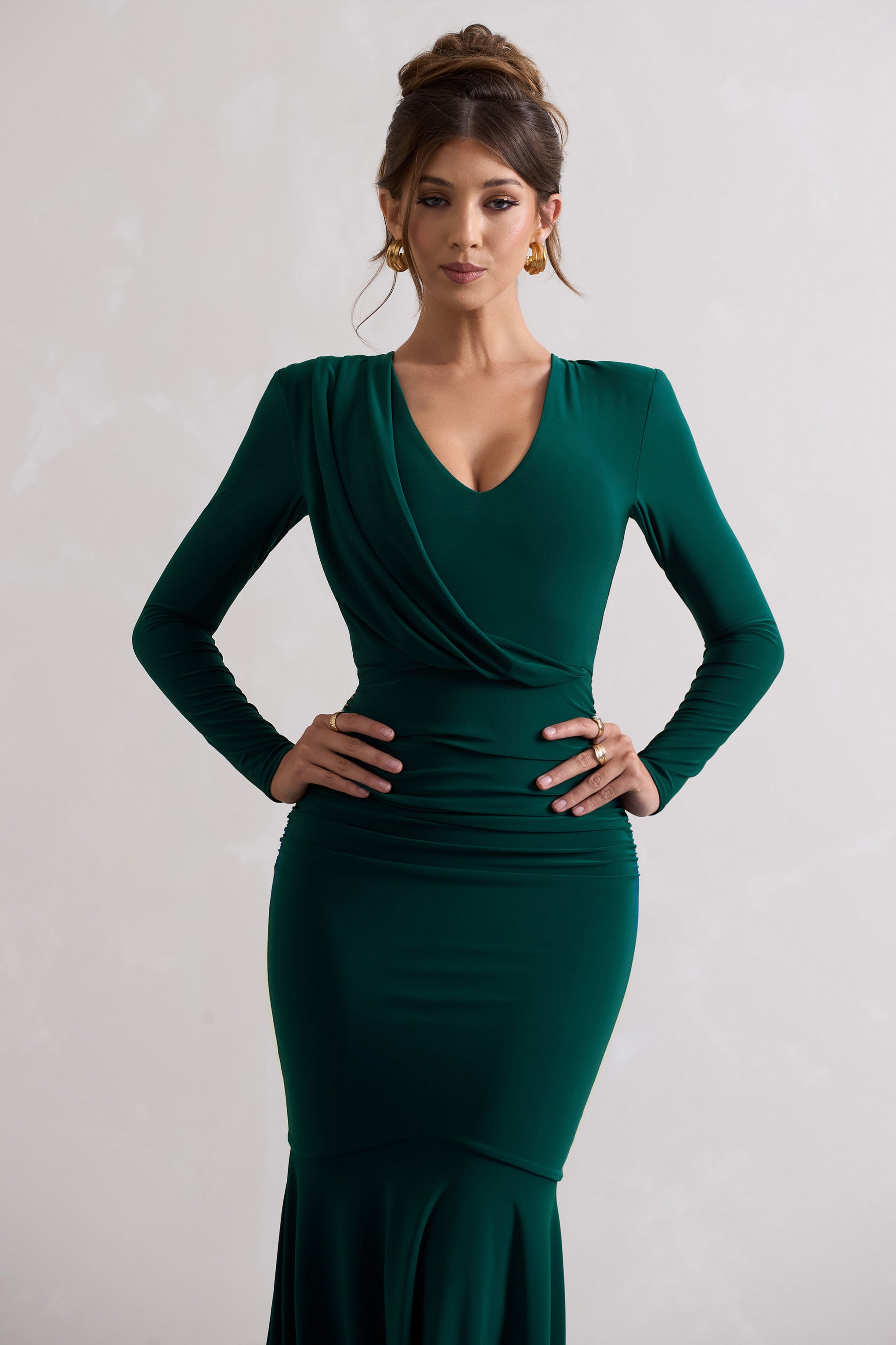 Milena Bottle Green Plunge-Neck Maxi Dress With Draped Hem