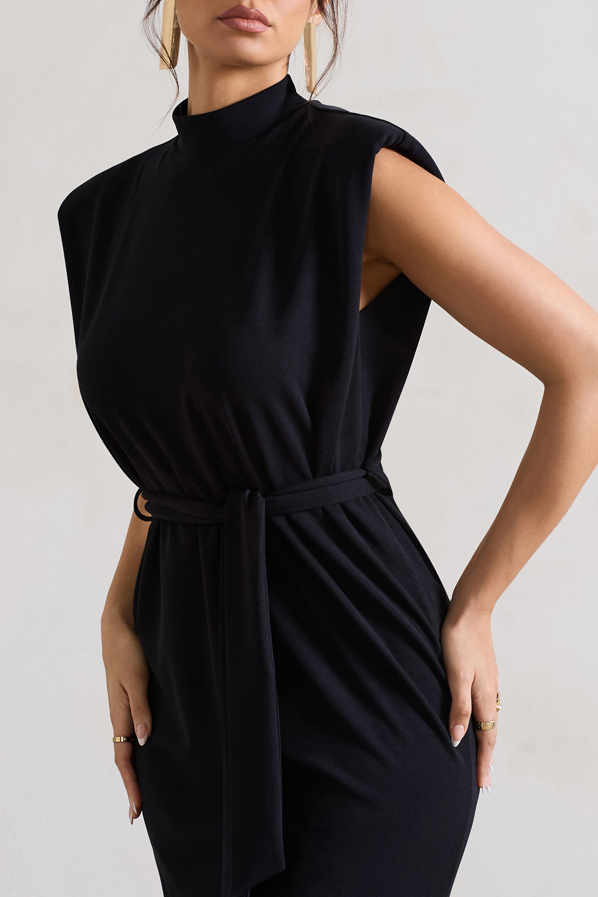 Abbie Black High-Neck Maxi Dress With Tie Waist
