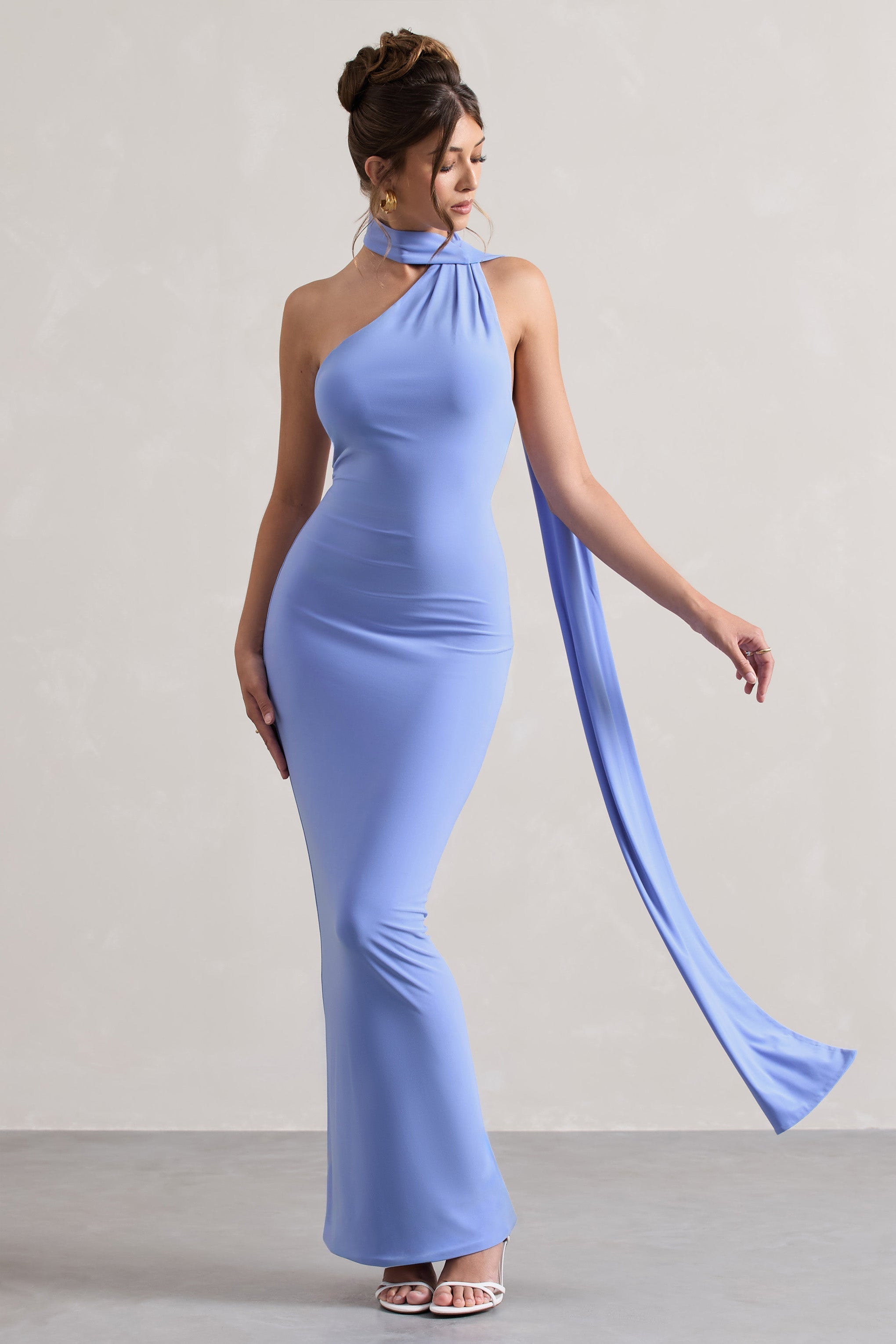Miss Pale Blue One Shoulder Backless Maxi Dress With Scarf