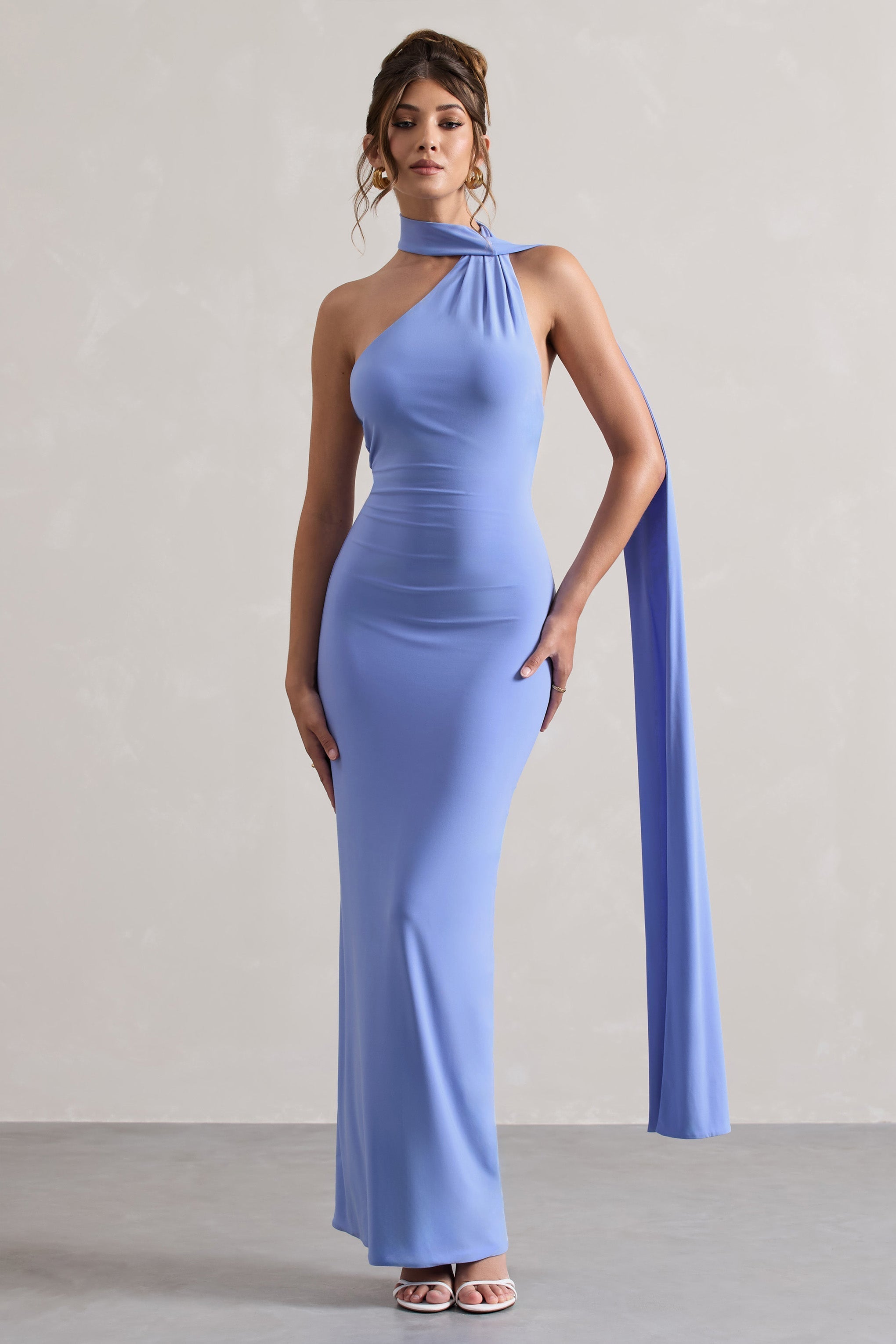 Miss Pale Blue One Shoulder Backless Maxi Dress With Scarf