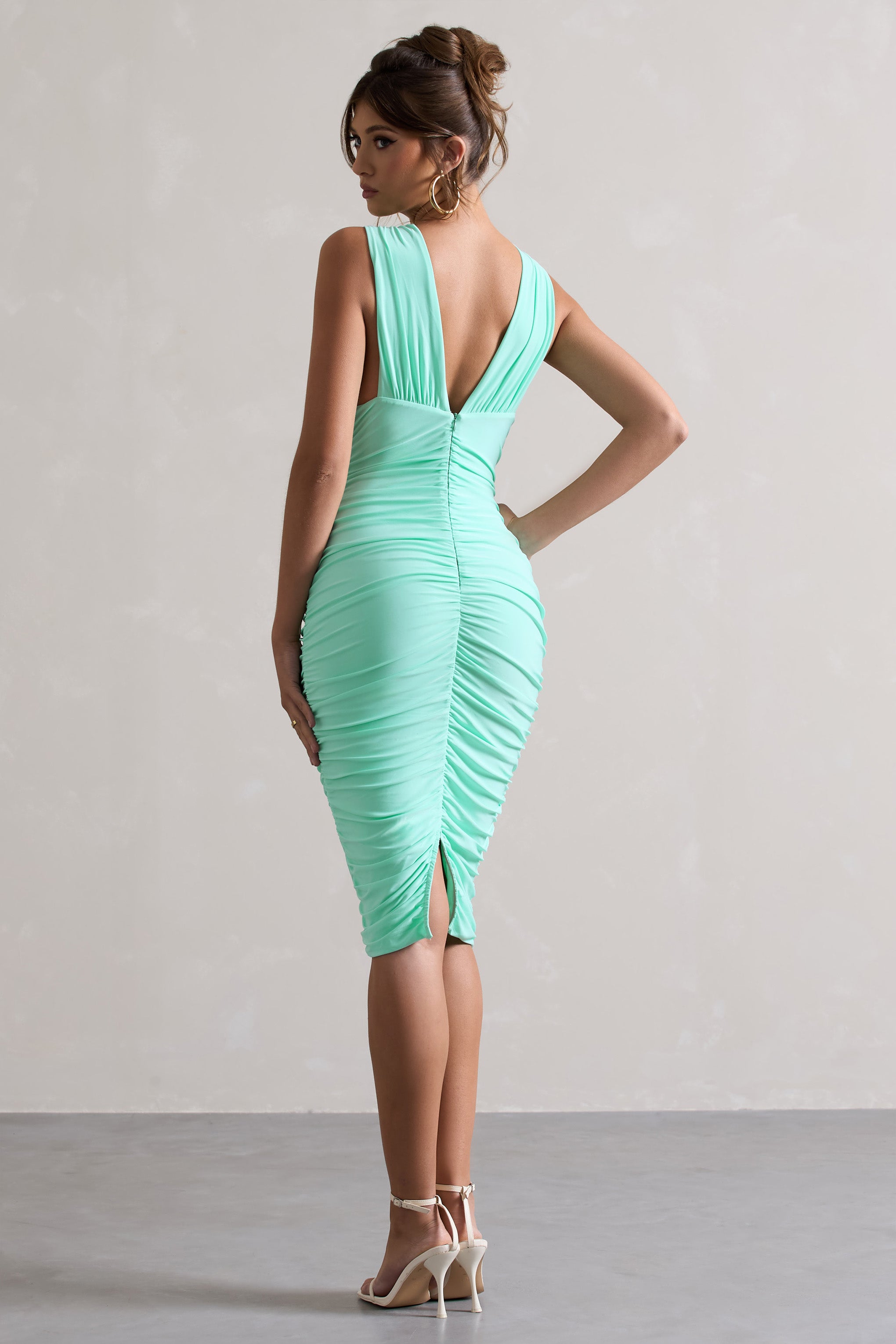 Attract Mint Ruched Plunge-Neck Midi Dress