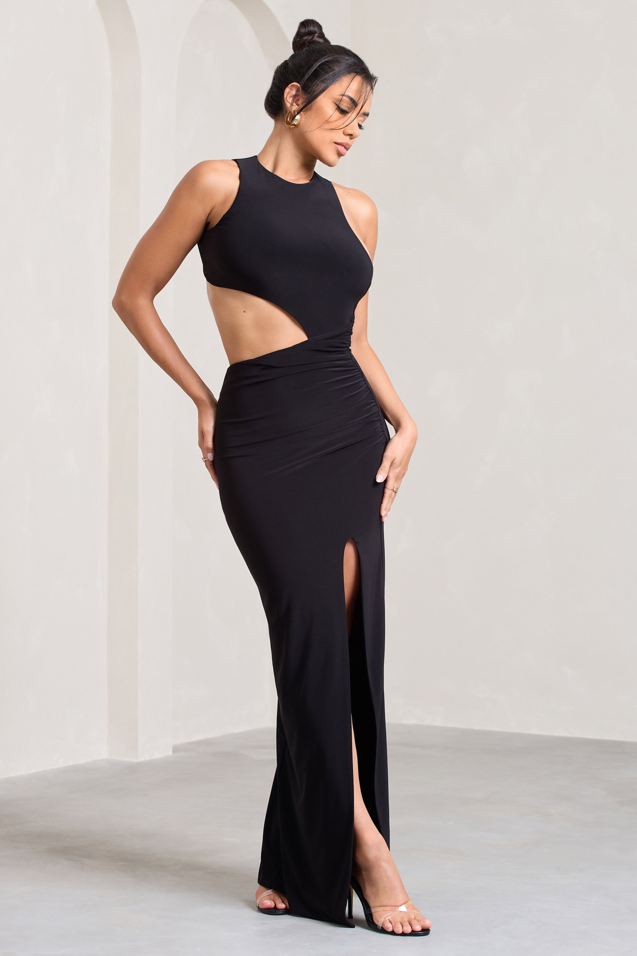 Ashley Black Asymmetric Sleeveless Cut-Out Split Maxi Dress
