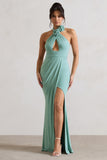 Kira Sage Halter-Neck Cut-Out Split Maxi Dress With Flowers