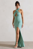 Kira Sage Halter-Neck Cut-Out Split Maxi Dress With Flowers