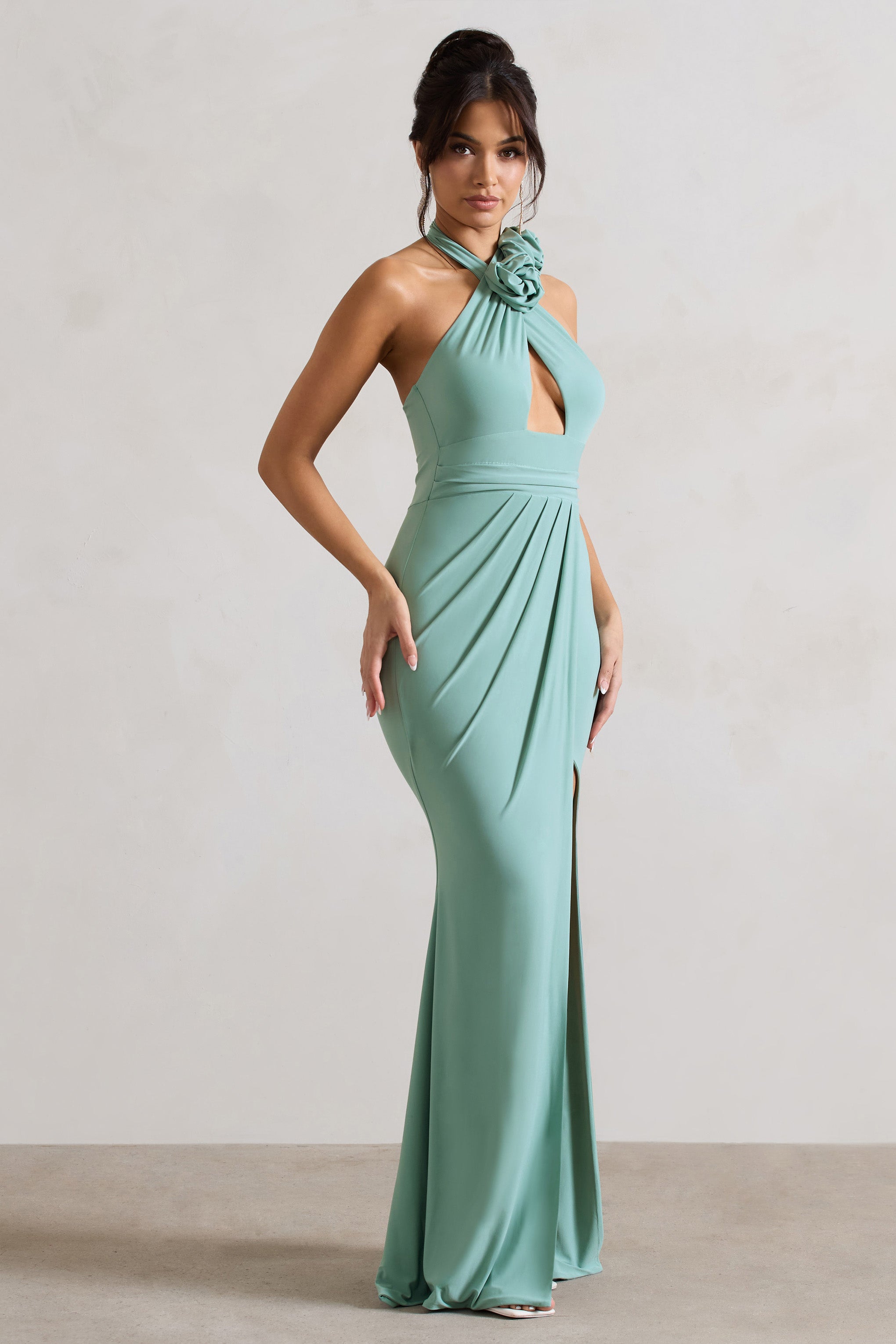 Kira Sage Halter-Neck Cut-Out Split Maxi Dress With Flowers