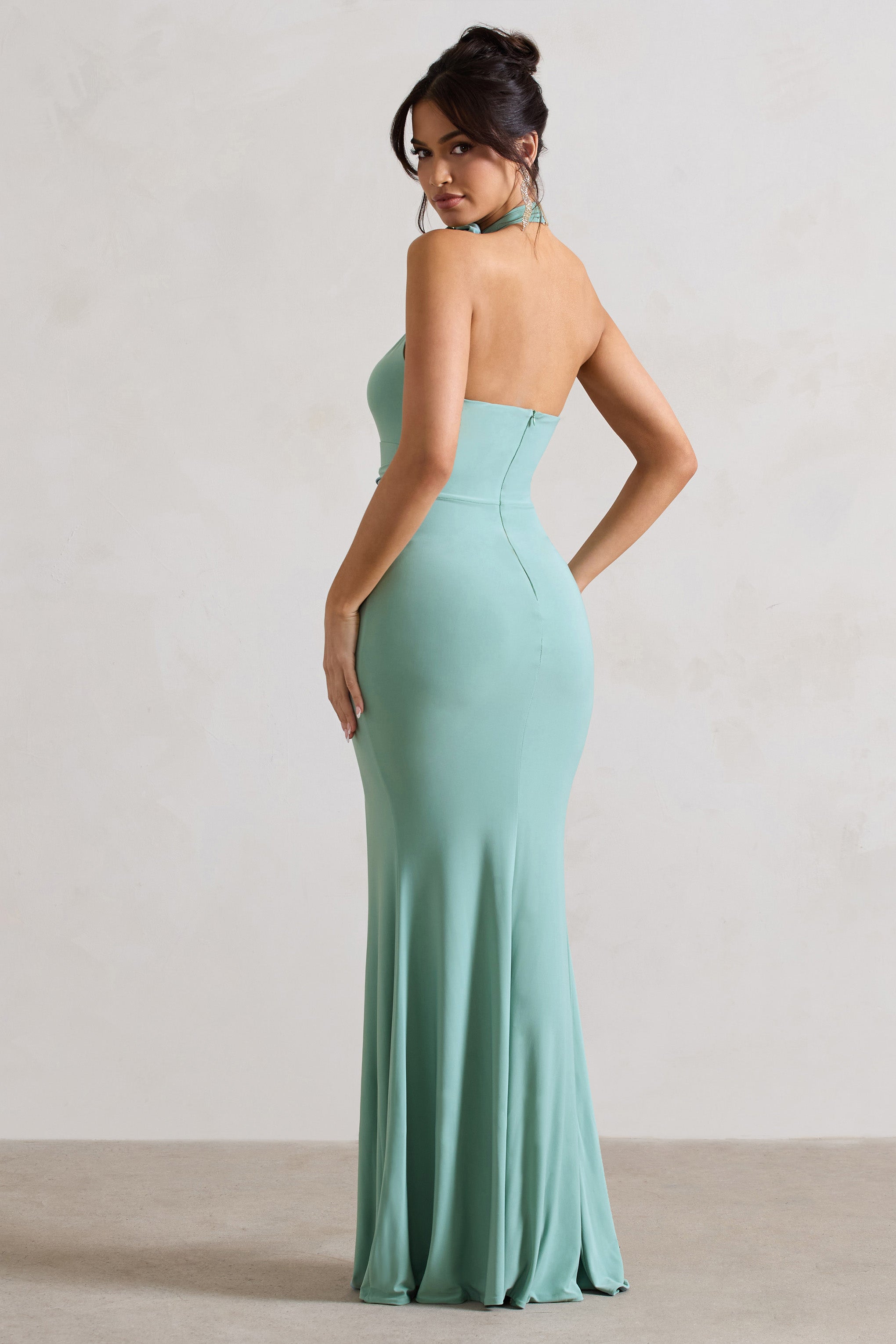 Kira Sage Halter-Neck Cut-Out Split Maxi Dress With Flowers