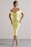 Unwrapped Lemon Ruched Twist Bardot Midi Dress