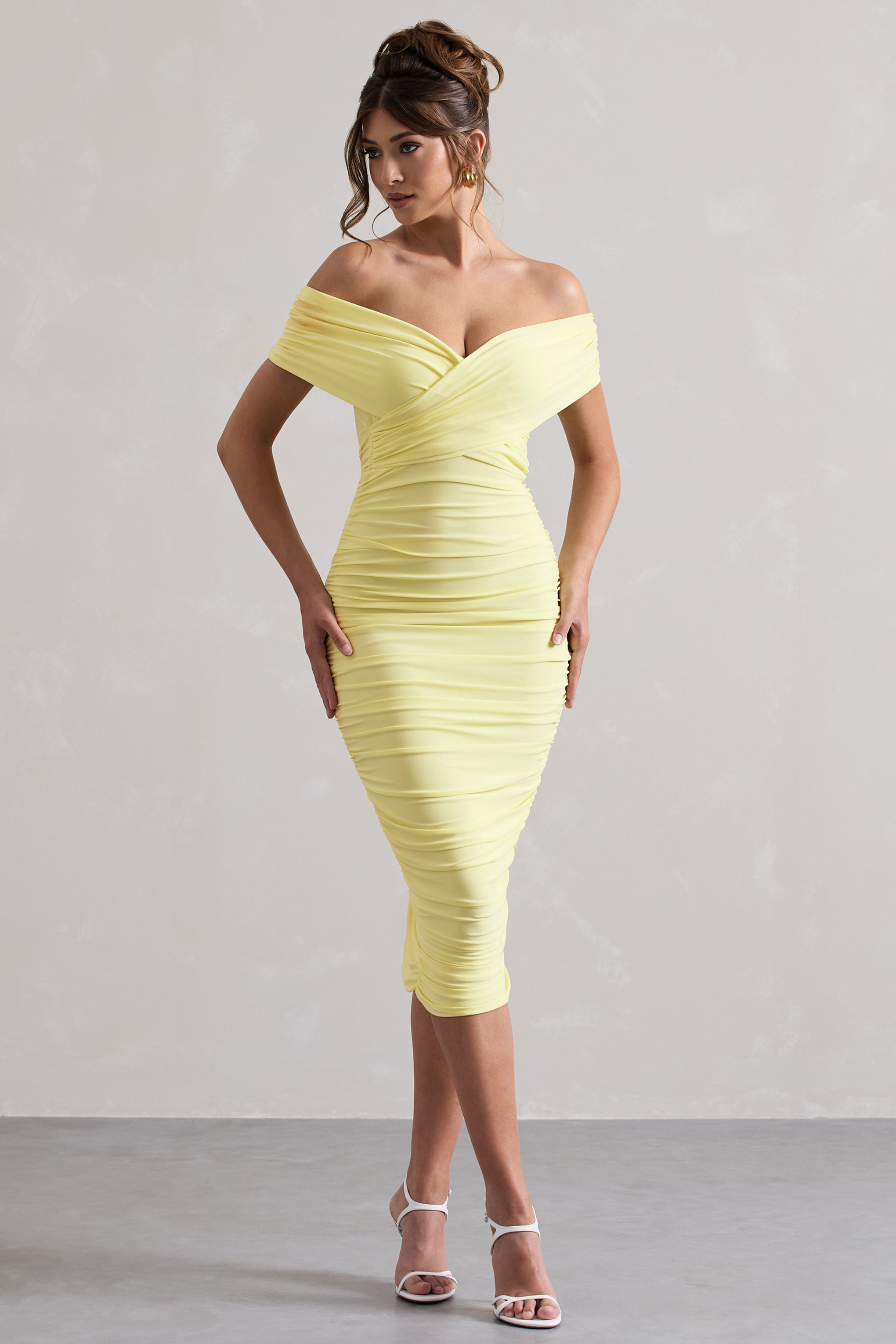 Unwrapped Lemon Ruched Twist Bardot Midi Dress
