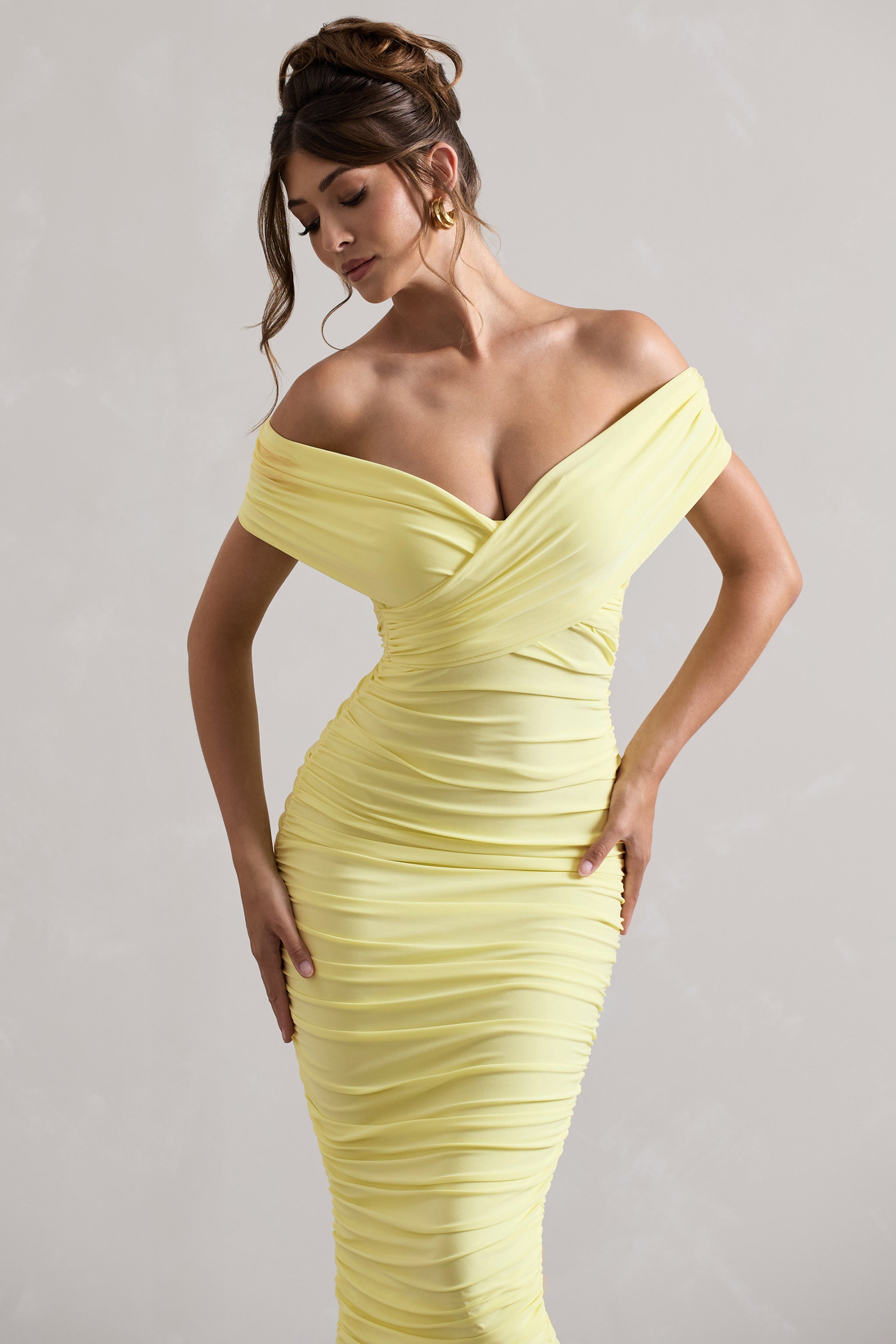 Unwrapped Lemon Ruched Twist Bardot Midi Dress