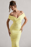 Unwrapped Lemon Ruched Twist Bardot Midi Dress
