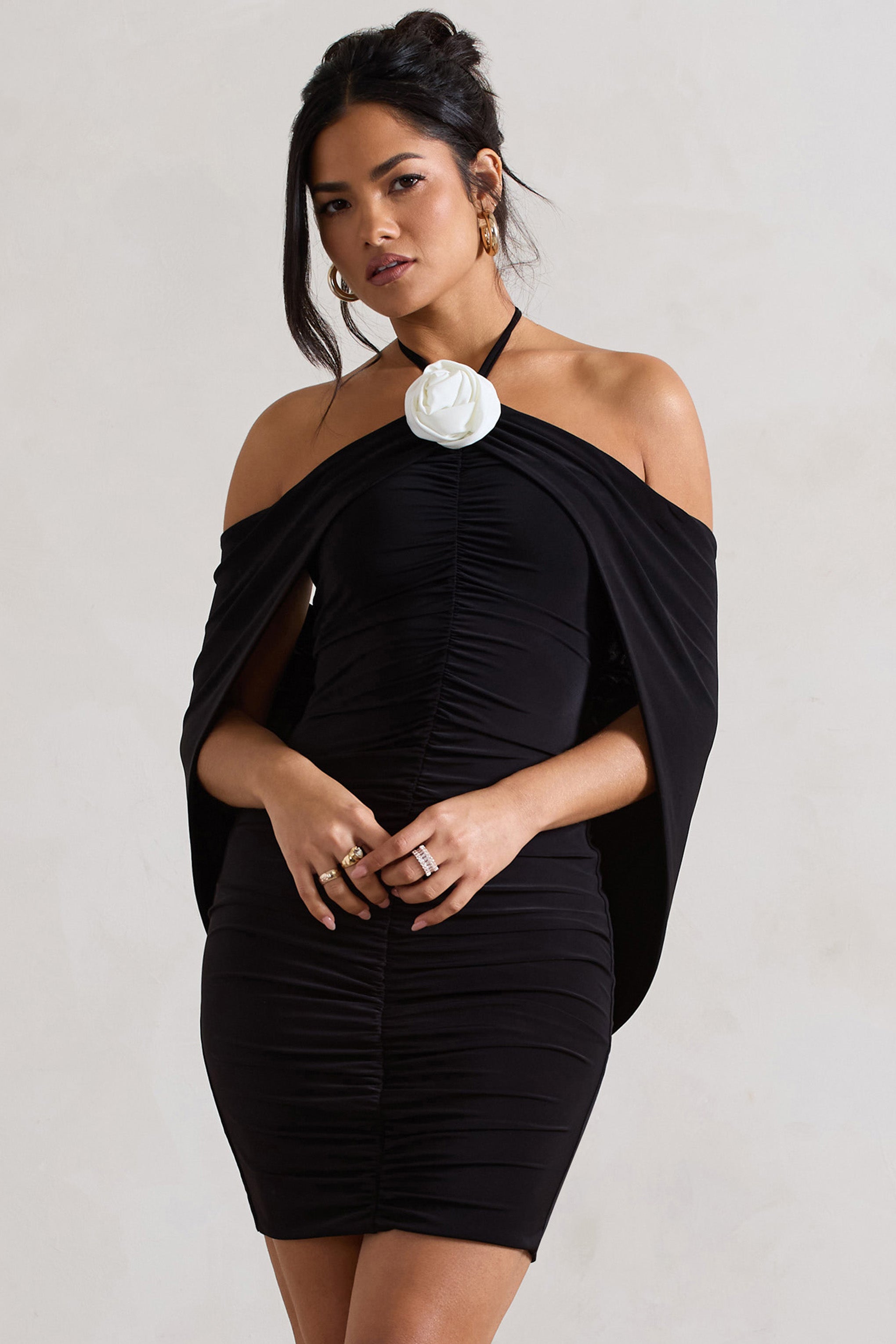 Adriana Black Ruched Halter-Neck Draped Mini Dress With Corsage