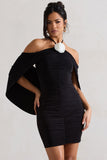 Adriana Black Ruched Halter-Neck Draped Mini Dress With Corsage