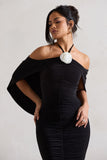 Adriana Black Ruched Halter-Neck Draped Mini Dress With Corsage