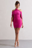 Adriana Dark Pink Ruched Halter-Neck Draped Mini Dress With Corsage