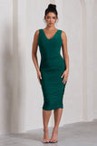 Out Of Love Bottle Green Ruched Bodycon Plunge-Neck Midi Dress