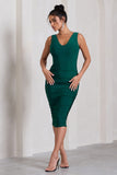Out Of Love Bottle Green Ruched Bodycon Plunge-Neck Midi Dress