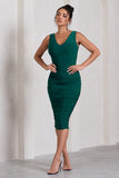 Out Of Love Bottle Green Ruched Bodycon Plunge-Neck Midi Dress