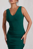 Out Of Love Bottle Green Ruched Bodycon Plunge-Neck Midi Dress