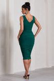 Out Of Love Bottle Green Ruched Bodycon Plunge-Neck Midi Dress