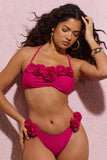 Rest Dark Pink Ruched Halter-Neck Bikini Top With Corsages