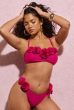 Rest Dark Pink Ruched Halter-Neck Bikini Top With Corsages