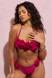 Rest Dark Pink Ruched Halter-Neck Bikini Top With Corsages