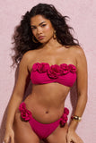 Rest Dark Pink Ruched Halter-Neck Bikini Top With Corsages