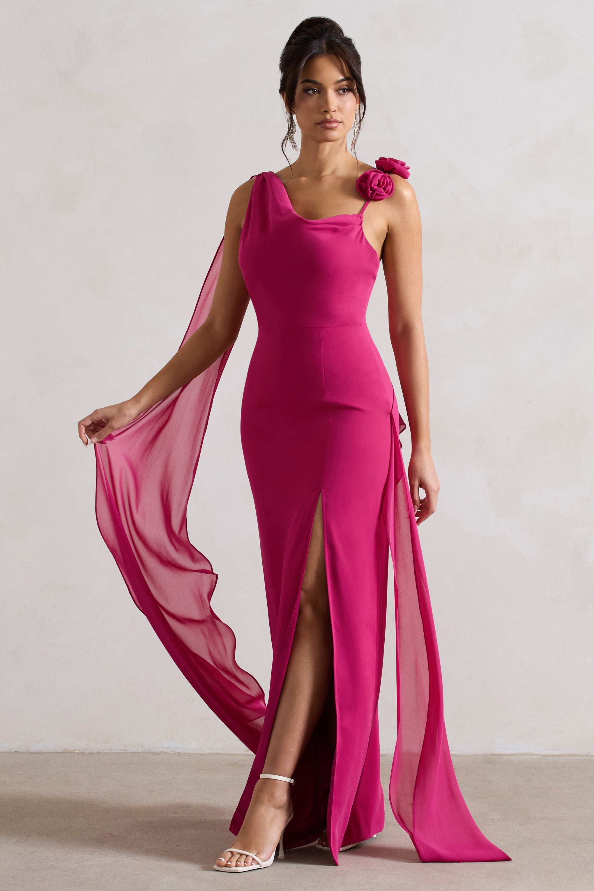 Angeline Dark Pink Chiffon Draped Split Maxi Dress With Corsages