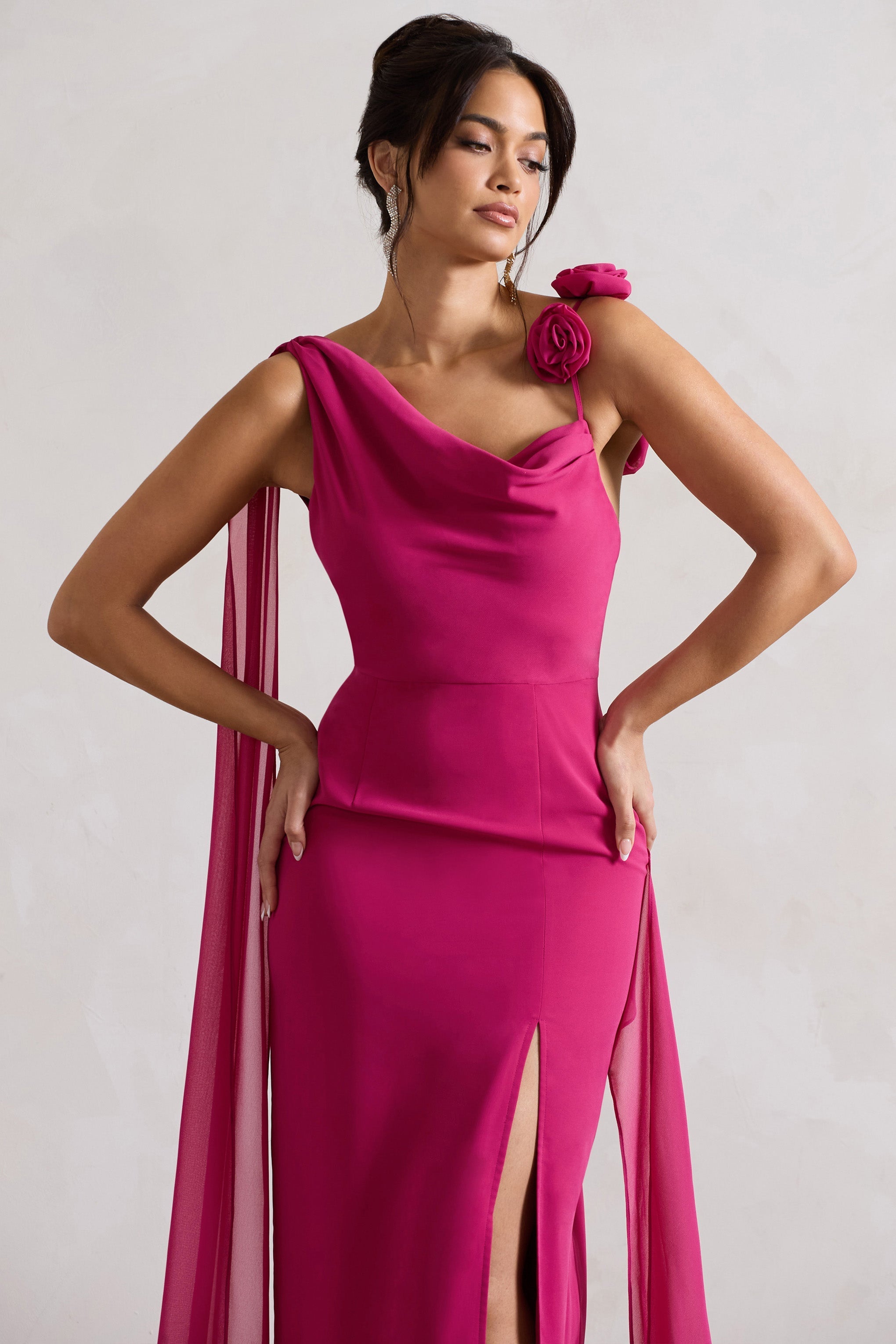 Angeline Dark Pink Chiffon Draped Split Maxi Dress With Corsages