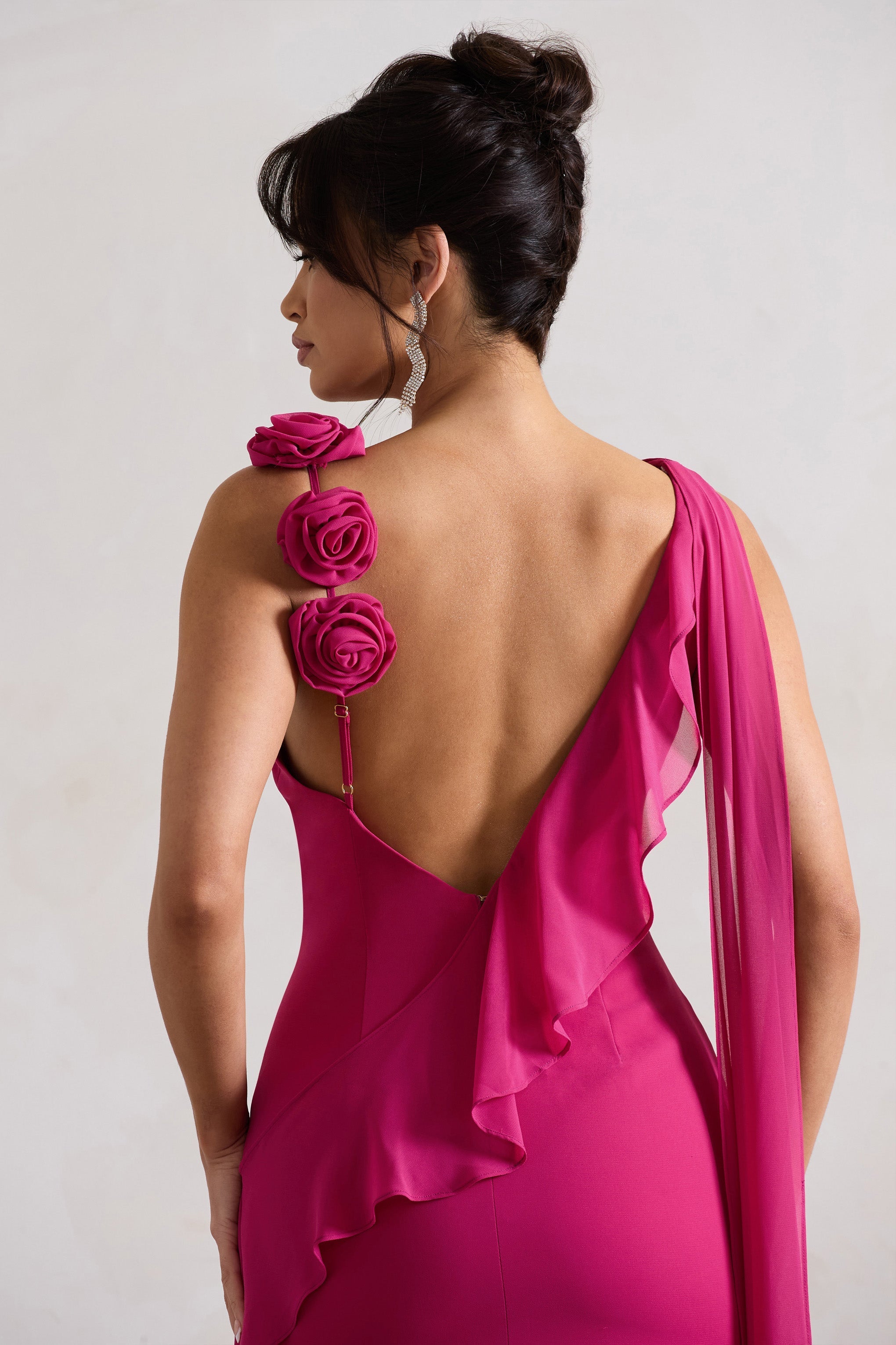 Angeline Dark Pink Chiffon Draped Split Maxi Dress With Corsages