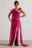 Angeline Dark Pink Chiffon Draped Split Maxi Dress With Corsages