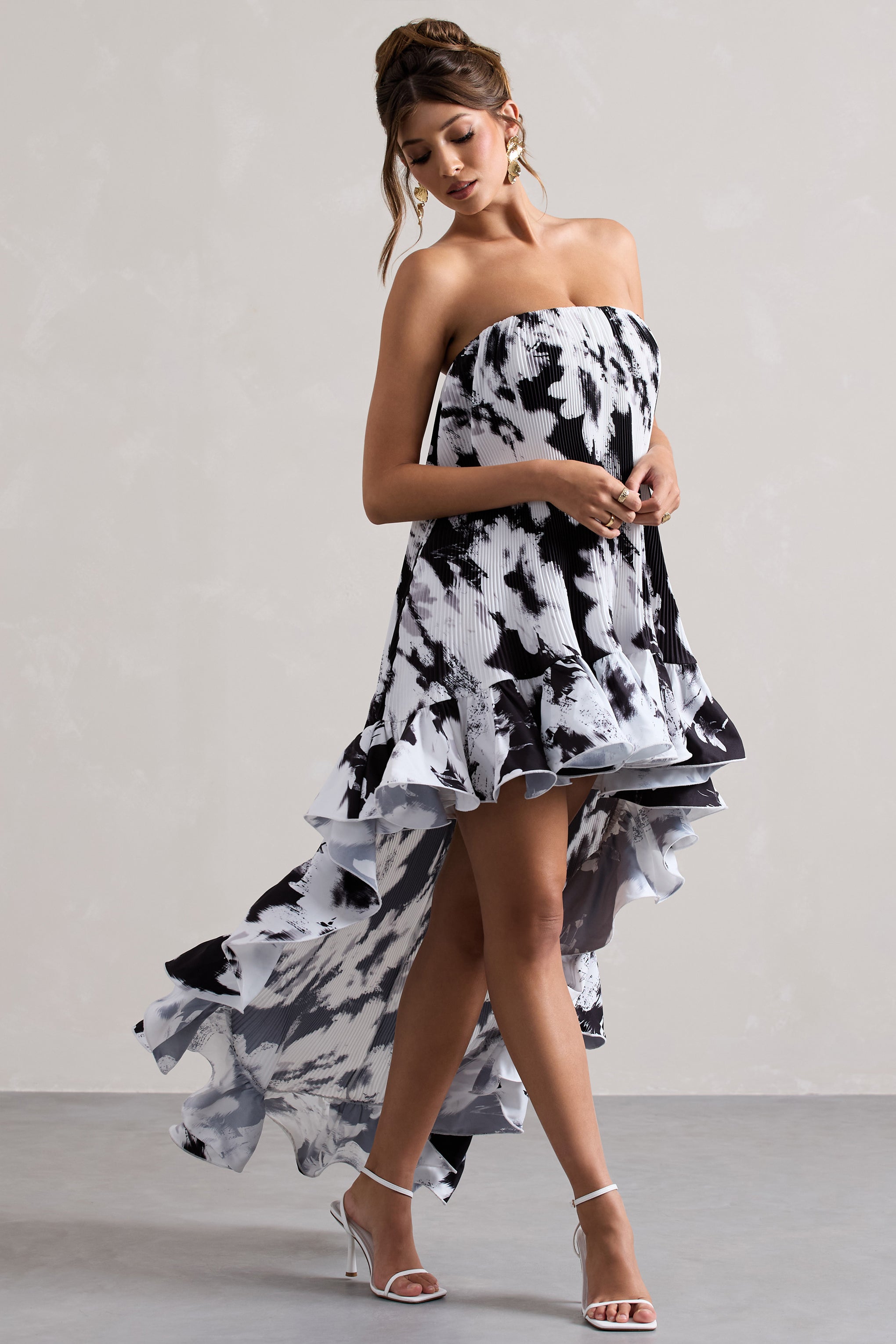 Whistler Monochrome Floral Chiffon Bandeau High-Low Ruffled Maxi Dress