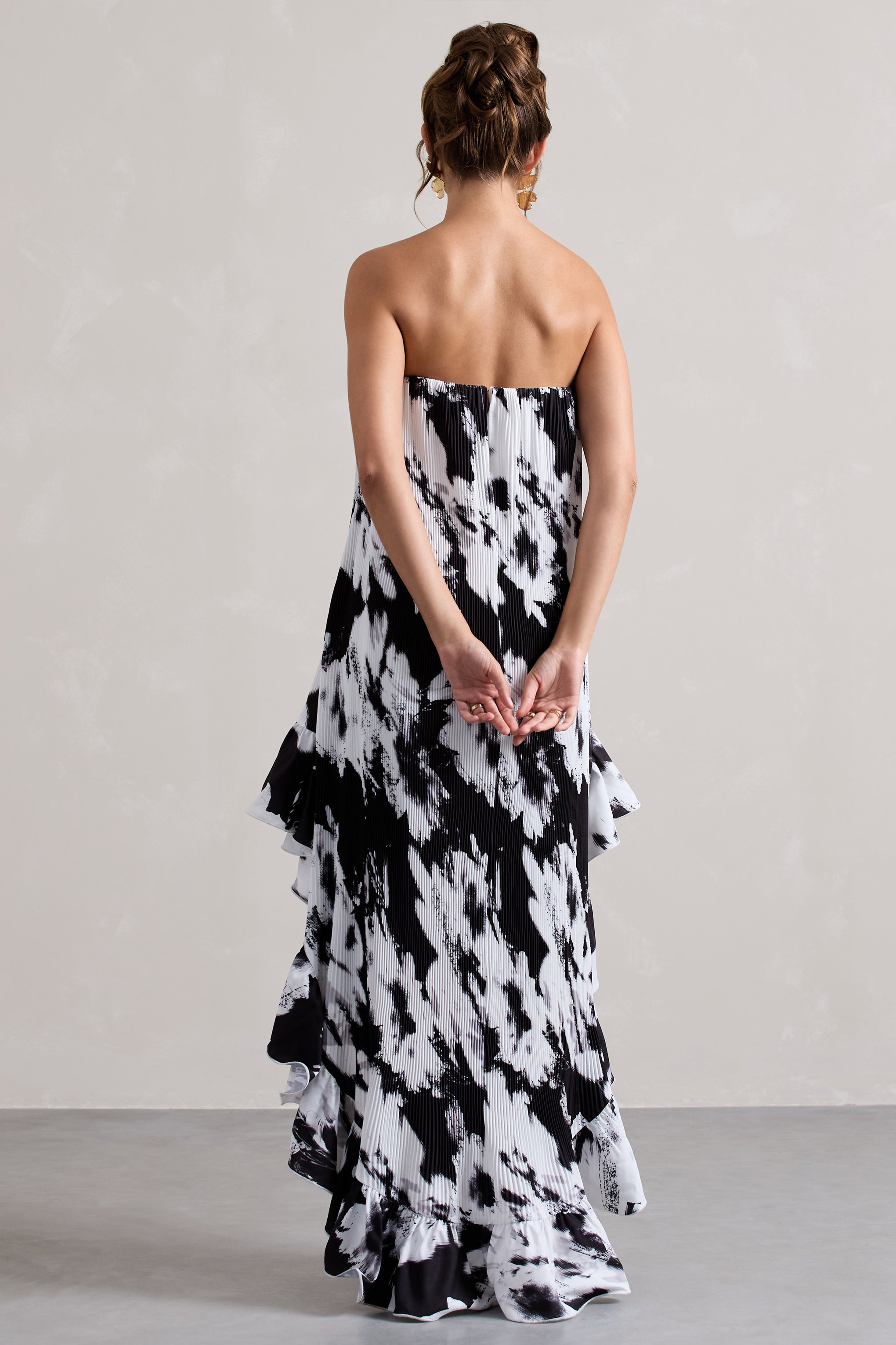 Whistler Monochrome Floral Chiffon Bandeau High-Low Ruffled Maxi Dress