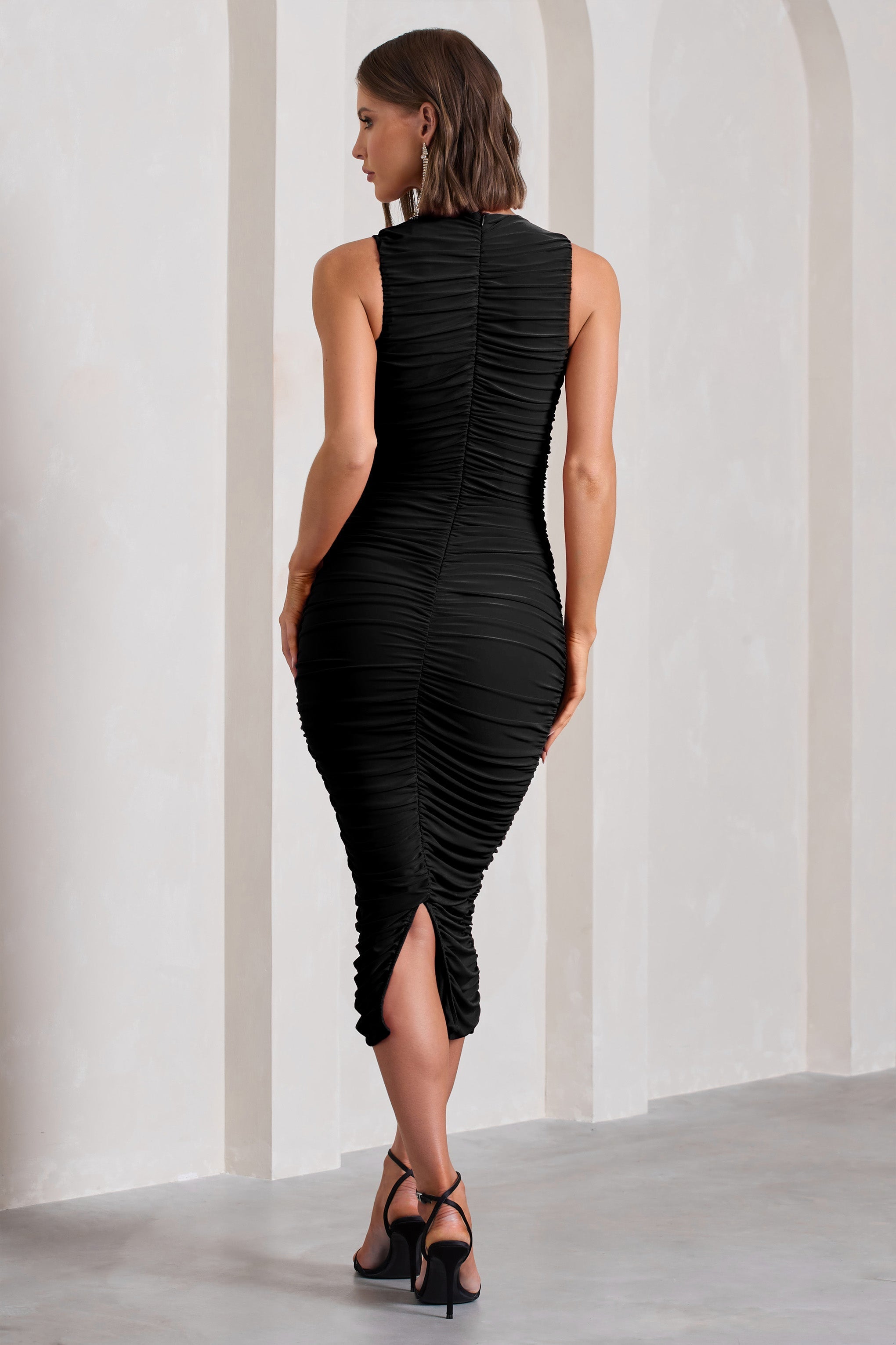 Tempting Fate Black Ruched Bodycon V-Neck Midi Dress