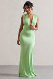 Azzara Light Green Satin Ruched V-Neck Maxi Dress