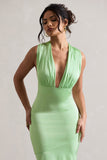 Azzara Light Green Satin Ruched V-Neck Maxi Dress