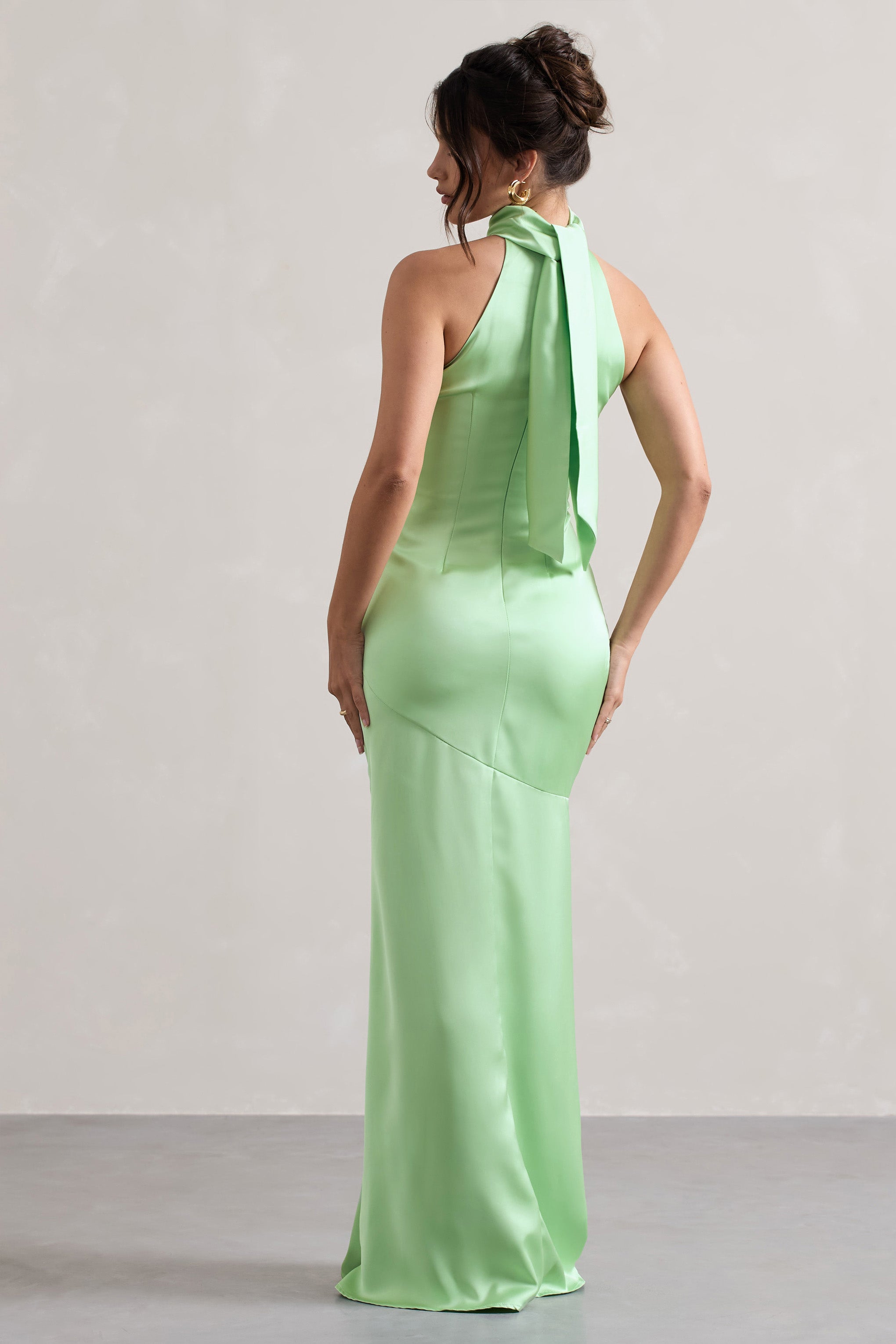 Adoria Light Green Satin High-Neck Maxi Dress
