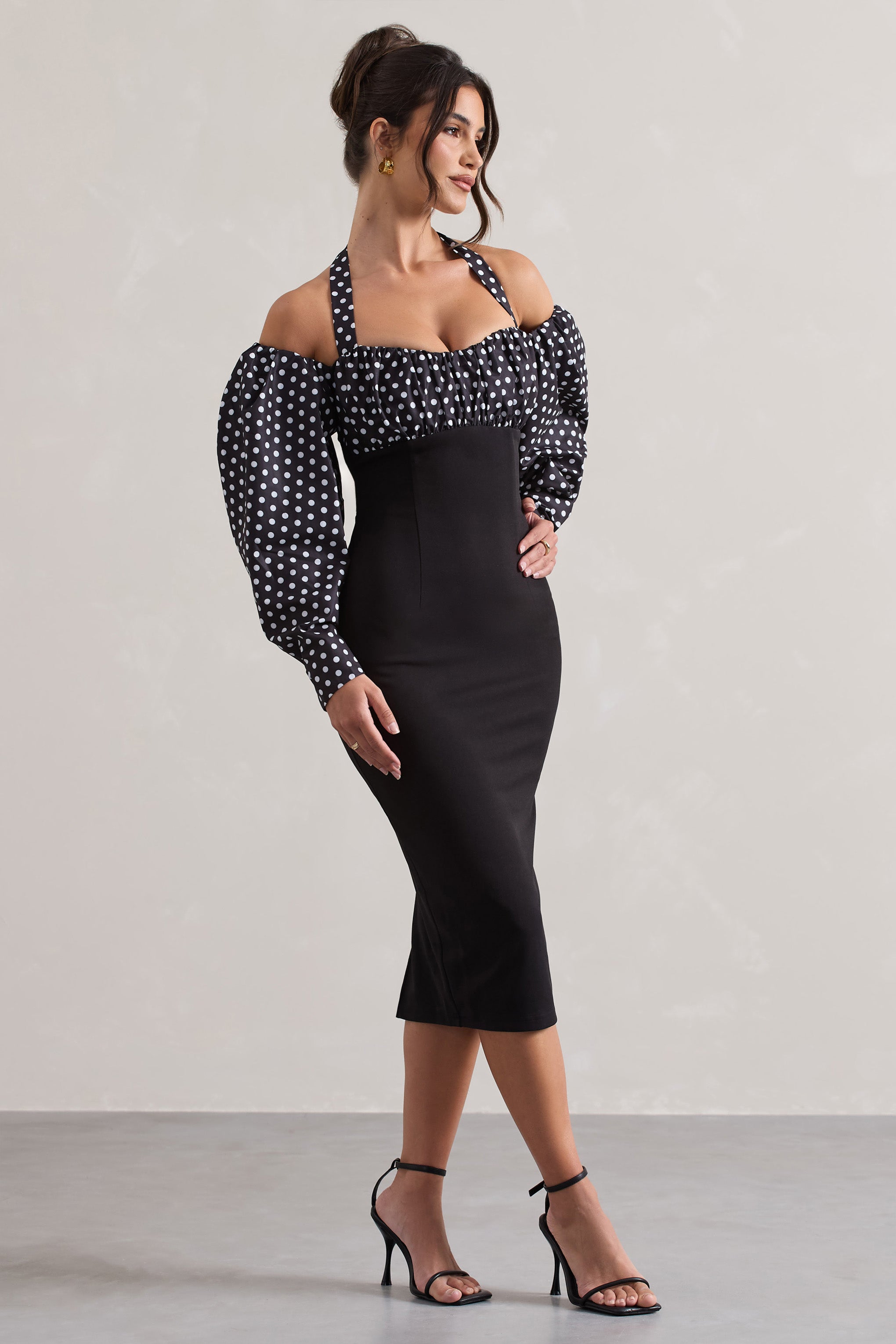 Couture Client Black & White Polka Dot Halter-Neck Puff Sleeve Midi Dress