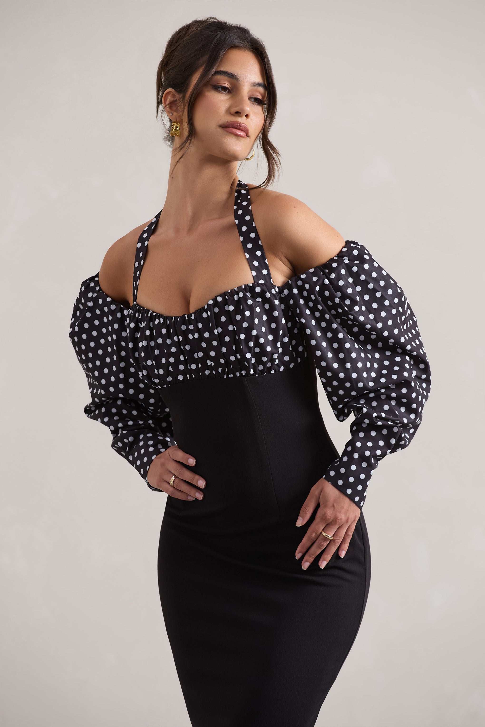 Couture Client Black & White Polka Dot Halter-Neck Puff Sleeve Midi Dress
