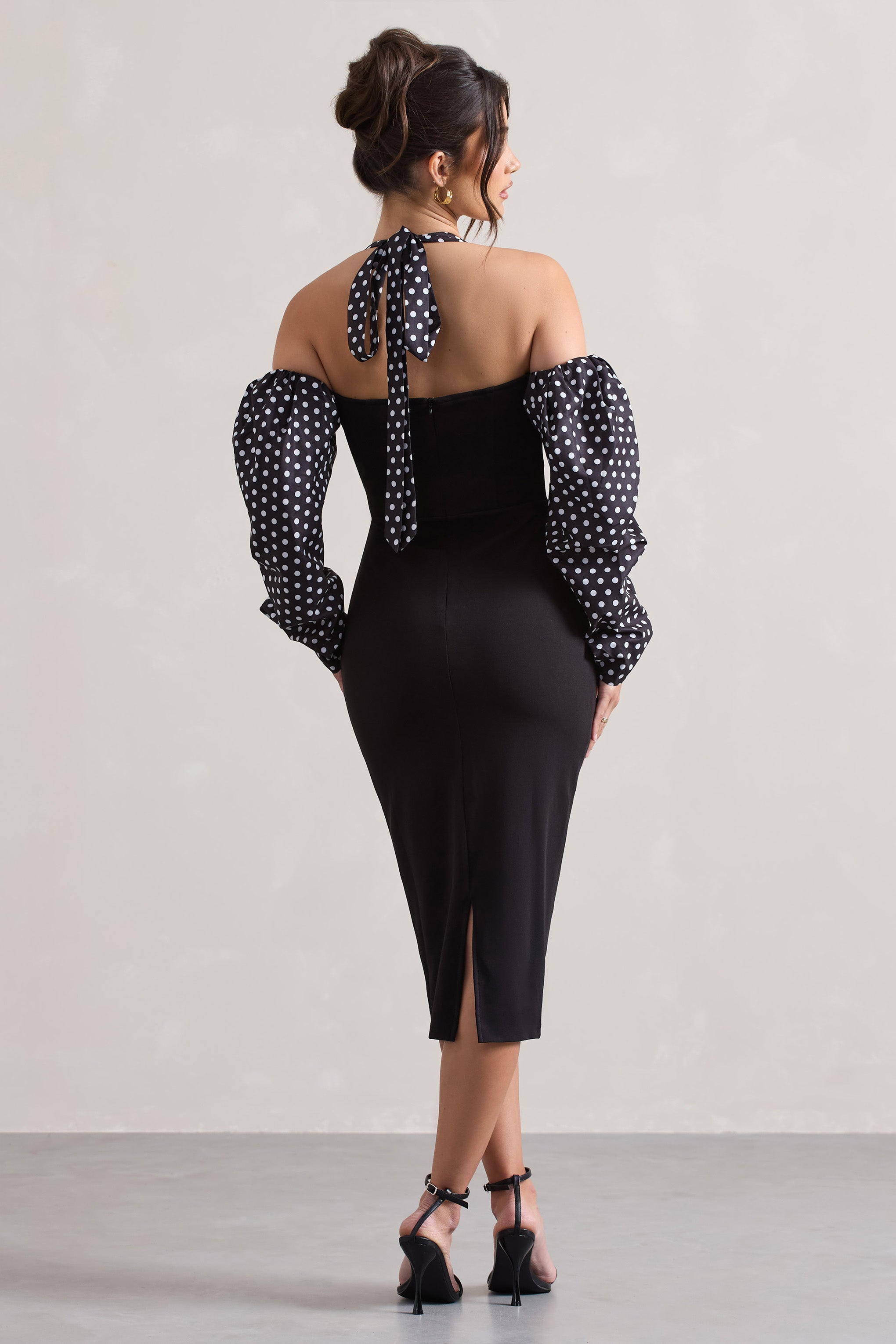 Couture Client Black & White Polka Dot Halter-Neck Puff Sleeve Midi Dress
