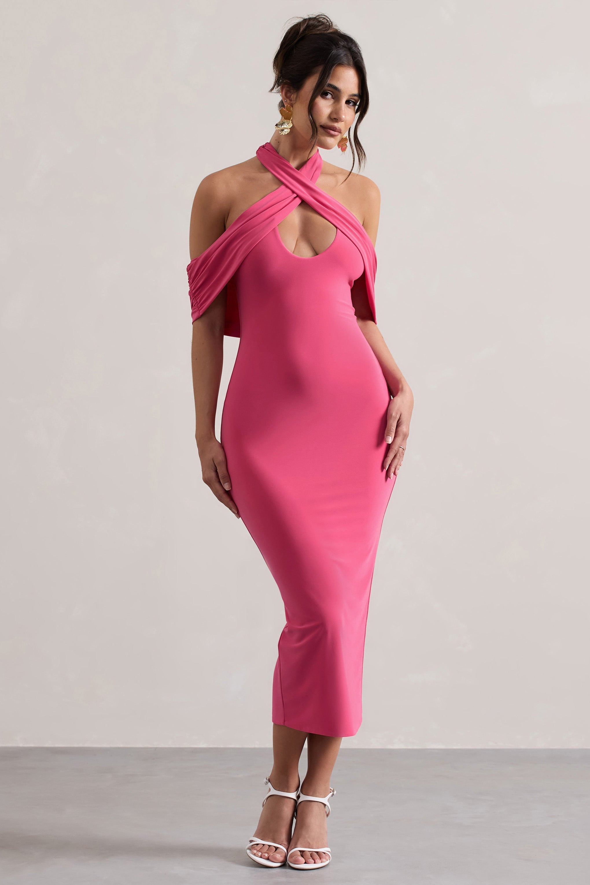 Connect Pink Bodycon Halter-Neck Midi Dress With Cut-Out