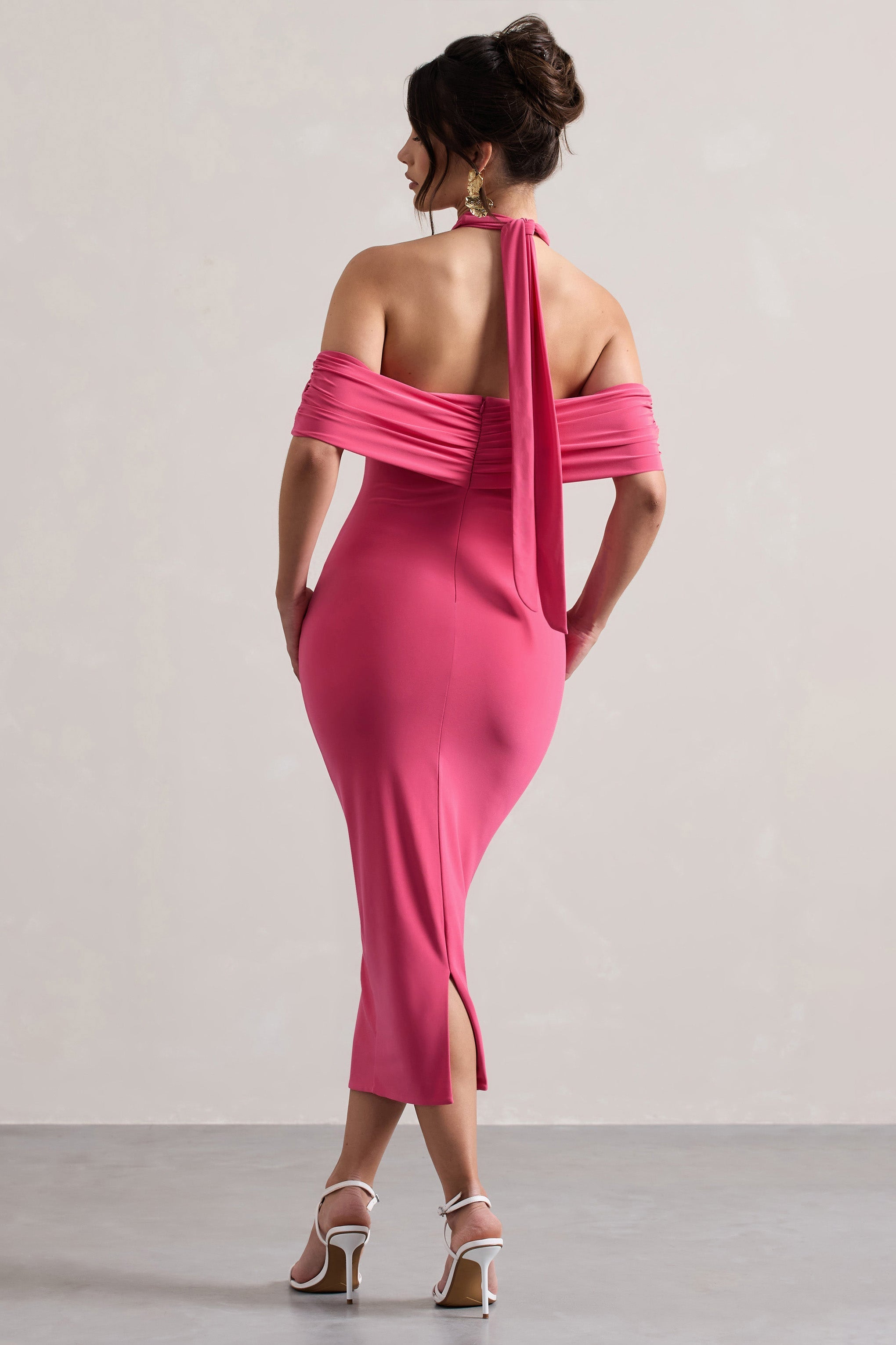 Connect Pink Bodycon Halter-Neck Midi Dress With Cut-Out